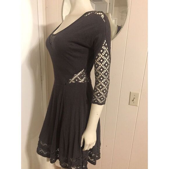 Free People Womens Small To The Point Mini Dress Gray Fit & Flare Lace Cut Outs - Picture 4 of 8